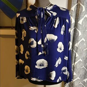 Alcee 100% Silk Navy Blue Poppy Print Long Sleeve Blouse SZ Medium